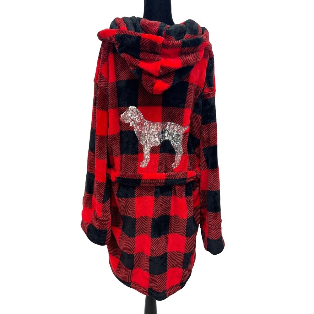 Victoria's Secret Pink Robe Bling Sequin Dog Plush Fleece Plaid Hood Size XS/S - Picture 1 of 8